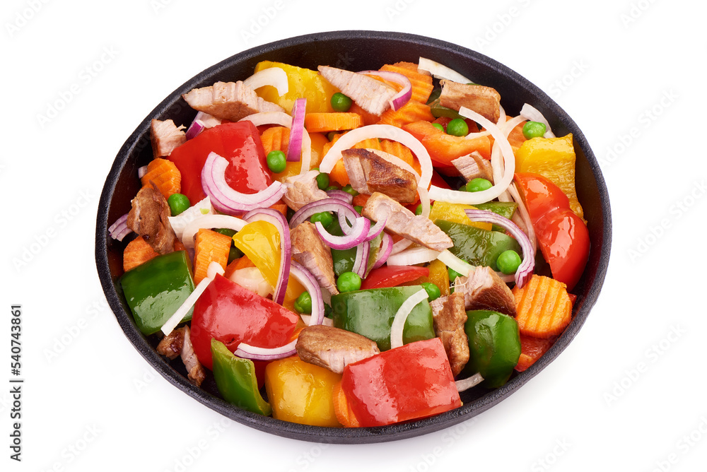 Stir Fried vegetables with meat pieces, isolated on white background.