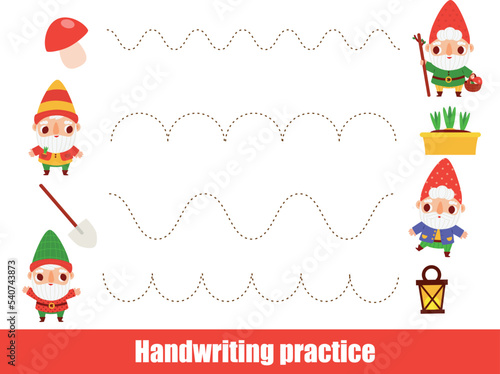 Handwriting practice sheet with gnomes. Educational children game. Tracing lines for kids and toddlers