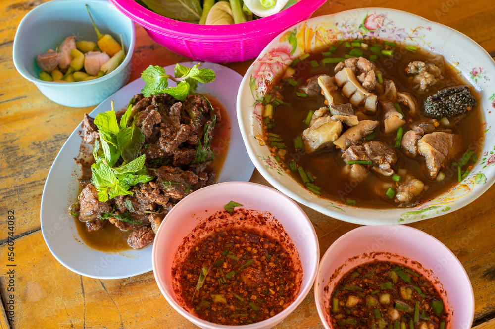 Set of local thai food and thai herb, Beef in Spicy Condiment and vegetable, North-Eastern Food of Thailand