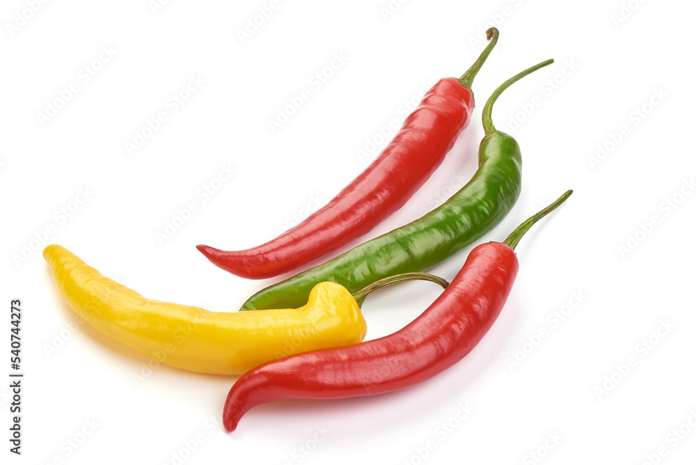 Color hot chilli pepper isolated on white background. red, green and yellow peppers Vegetables collection Isolated on white background