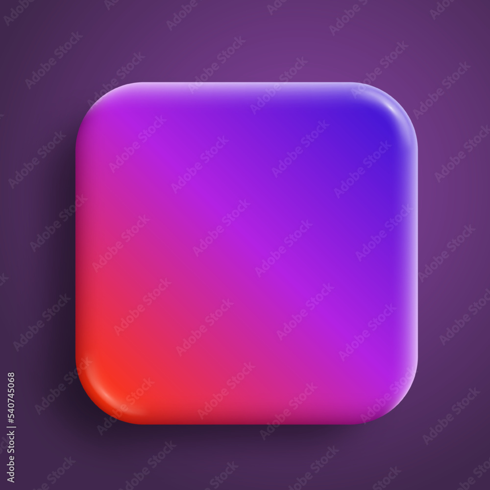 App icon glossy vector background. 3D button with purple neon holographic gradient and realistic soft shadow Rounded rectangle shape for web and mobile applications App icon glossy vector background. 3D button with purple neon holographic gradient and realistic soft shadow Rounded rectangle shape for web and mobile applications