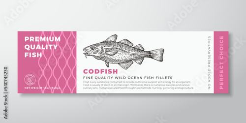 Premium Quality Codfish Vector Packaging Label Design Modern Typography and Hand Drawn Cod Fish Silhouette Seafood Product Background Layout