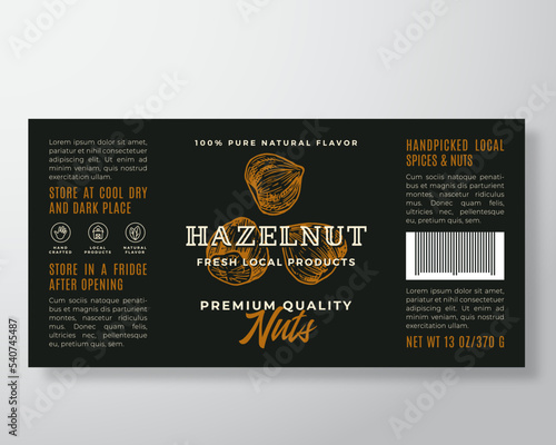 Hazelnut Food Label Template. Abstract Vector Packaging Design Layout. Modern Typography Banner with Hand Drawn Nuts Background Isolated