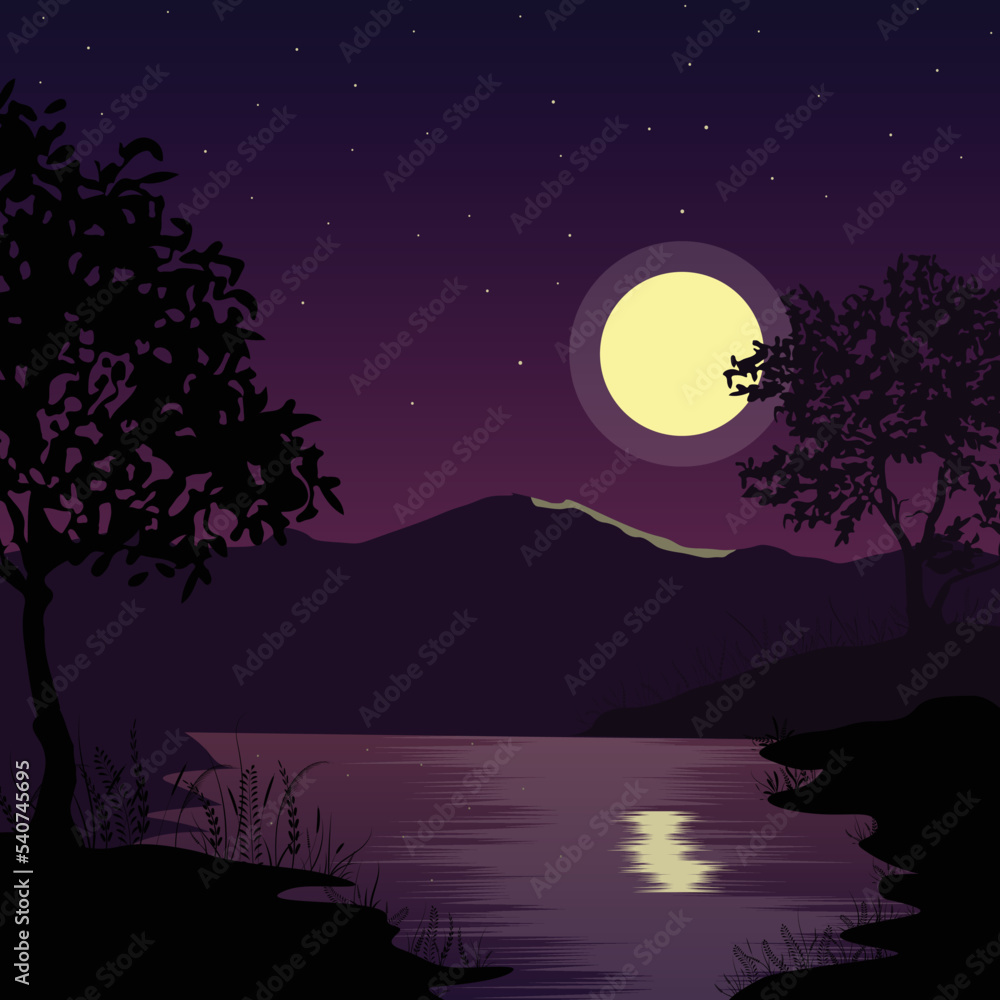 Night savannah landscape, natural African background vector illustration