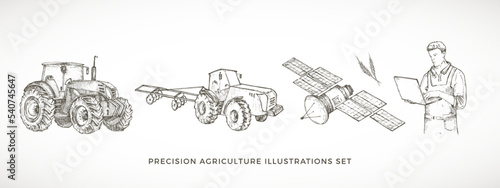 Precision Agriculture Vector Illustrations Set. Hand Drawn Farmer with Laptop Operating Tractor with Satellite Engraving Style Drawings Collection. Modern Automated Crop Production Doodle Isolated