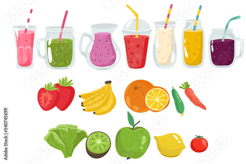 Drinks with fresh fruits, smoothie berries.Juices with pieces strawberry,blueberry and mango.Healthy detox. Set jars with tasty smoothies for hot season.Bright template for design. Vector illustration