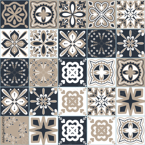 Spanish ceramic tiles dark gray beige color, vector illustration