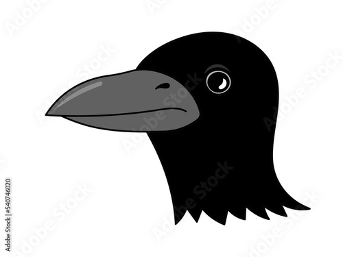 Raven head. Black bird with a large beak. Flat vector illustration.