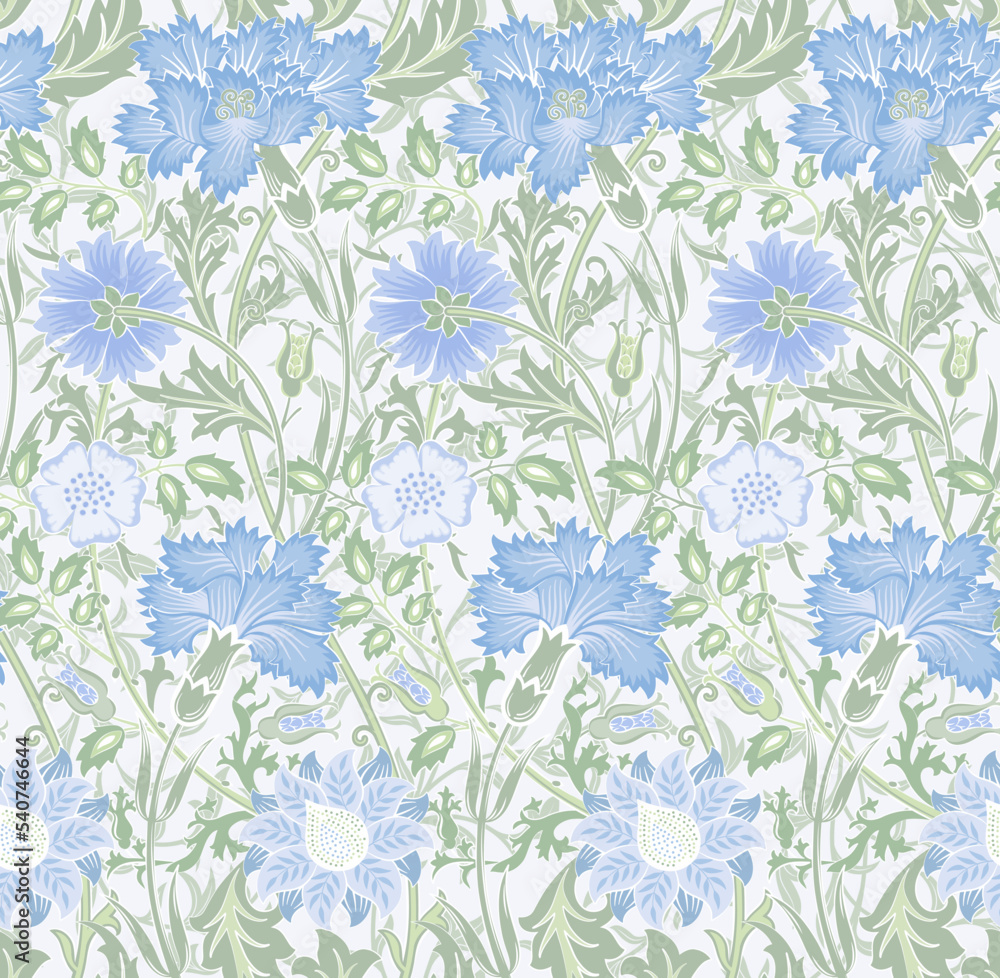 Fototapeta premium Floral seamless pattern of blue flowers on light background. Vector illustration.