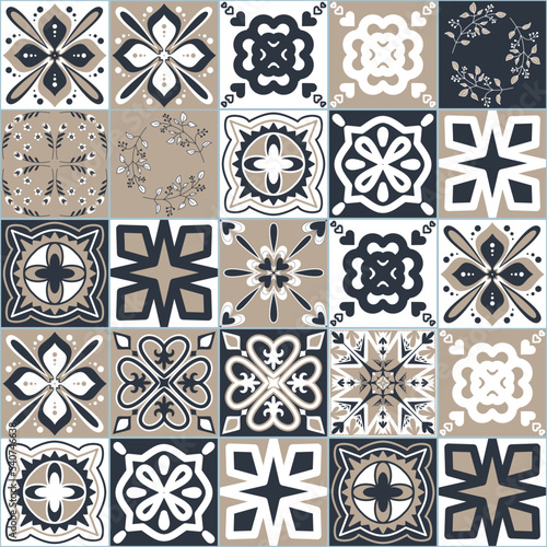 Azulejo traditional spanish pottery, square Azulejo tiles for design, vector illustration seamless pattern