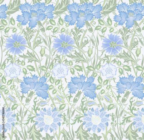 Floral seamless pattern of blue flowers on light background. Vector illustration.
