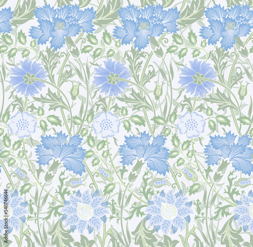 Floral seamless pattern of blue flowers on light background. Vector illustrat...