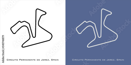 Circuito Permanente de Jerez circuit for formula one F1, motorsport, GP, autosport and season grand prix race tracks. Vector on white and blue background. San Sebastián de los Reyes, Spain 