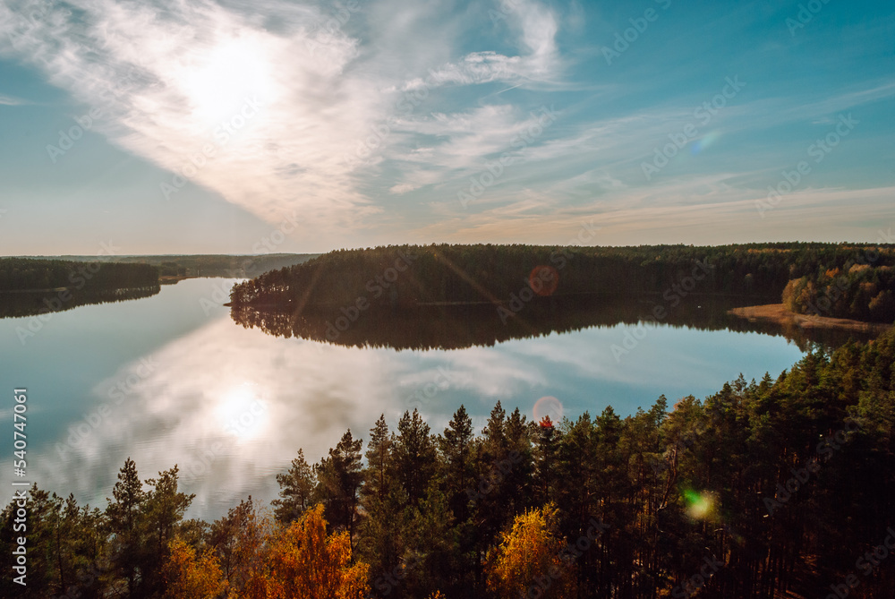View from the observation tower in the evening of Lake Baltieji Lakajai ...