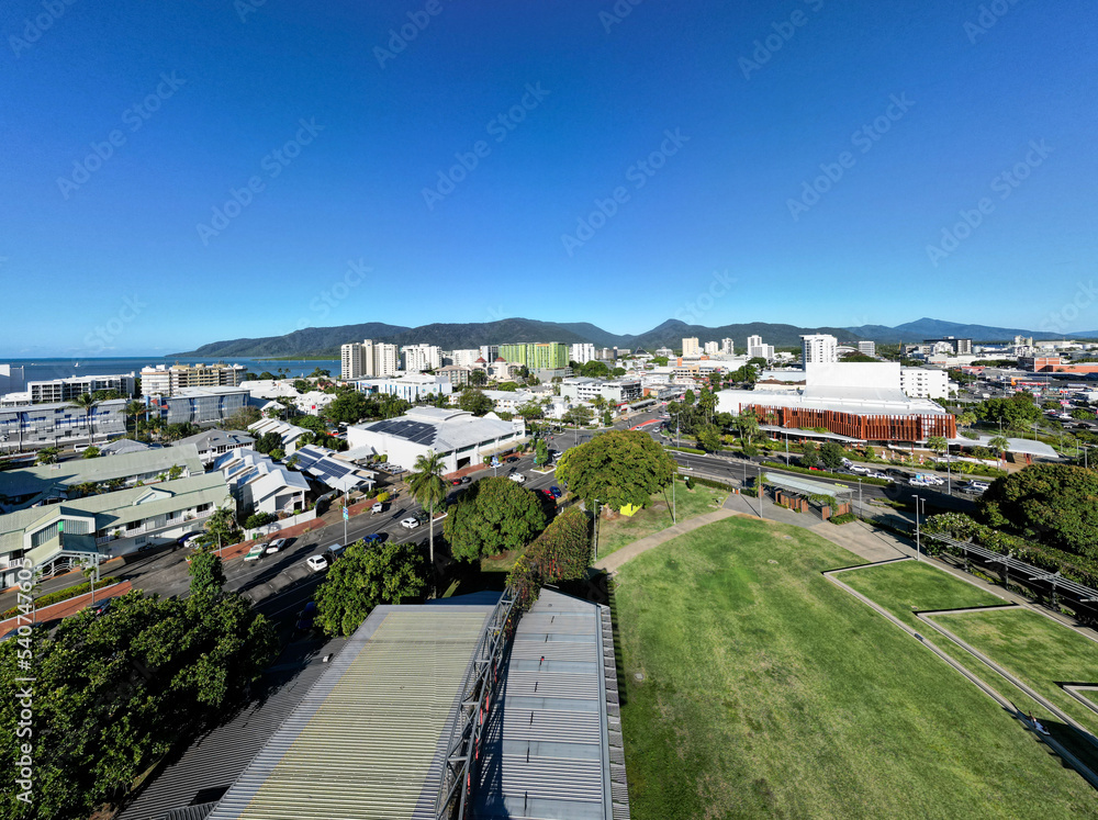 Aerial photo of marin munro park, mountains and bue sky background in Cairns Queensland