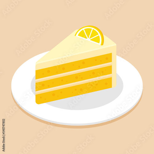 Slice of yellow lemon cake topping with sliced lemon on dish or plate. Delicious sweet dessert concept. Isometric food icon. Cute cartoon vector illustration. Symbol of sweets element. Cafe menu.