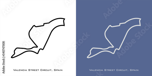 Valencia Street Circuit for formula one F1, motorsport, GP, autosport and season grand prix race tracks. Vector on white and blue background. Valencia, Spain - European Grand Prix