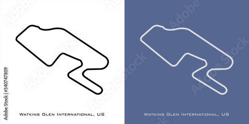 Watkins Glen International circuit for formula one F1, motorsport, GP, autosport and season grand prix race tracks. Vector on white and blue background. Watkins Glen, United States - United States