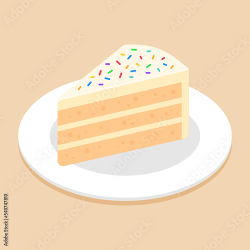 Slice of vanilla cake topping with colorful sprinkles on dish or plate. Delicious sweet dessert concept. Isometric food icon. Cute cartoon vector illustration. Symbol of sweets element. Cafe menu.