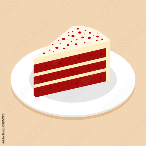 Slice of red velvet cake on plate or dish. Delicious sweet dessert for valentine's concept. Isometric food icon. Cute cartoon vector illustration. Graphic design element. Symbol of sweets. Cafe menu.