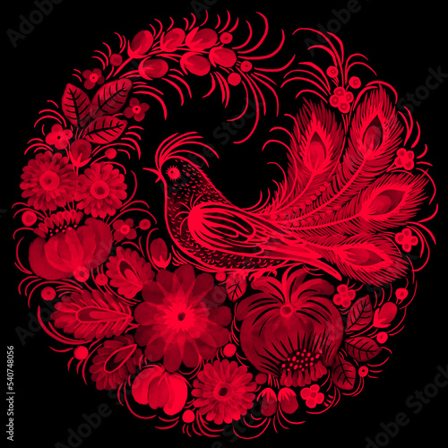 Digital drawing made in decorative painting style, Ukrainian folk art which depicting floral motif with a bird as symbols of light, harmony and happiness.