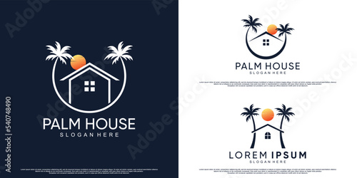 bundle plam and house icon logo design with coconut tree and modern concept Premium Vector