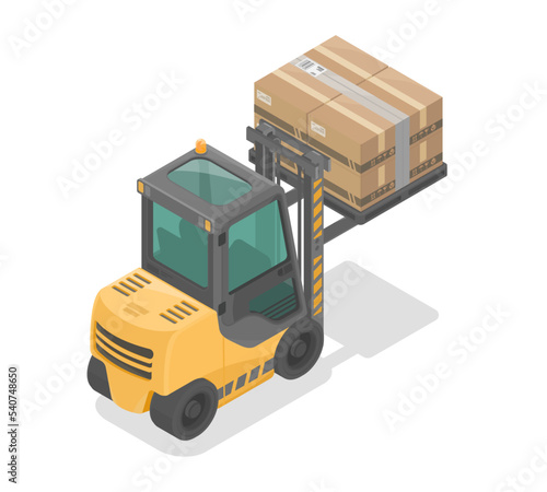 forklift yellow with heavy cargo to shelf isometric isolate vector