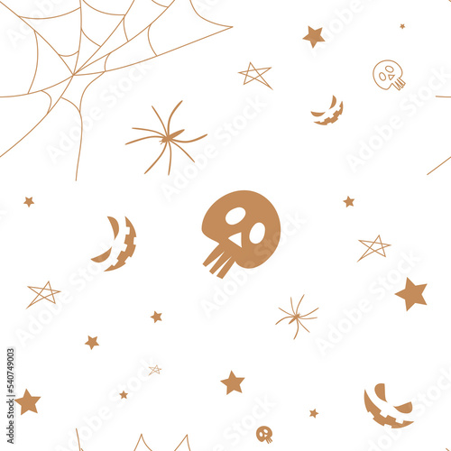 Vector. Happy colorful halloween pattern. Funny cartoon style. Background with hand drawn outline Halloween elements: spider web, spider, skull, stars, anthropomorphic face. © Alena Lauretskaia