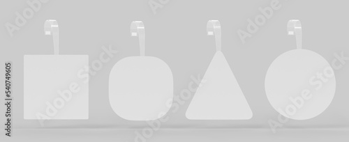 Advertising wobblers mockup set, 3d render. Blank price pop up tags hang on wall. Round, square and triangle white paper stickers on plastic transparent strips for supermarket sales. 3D illustration