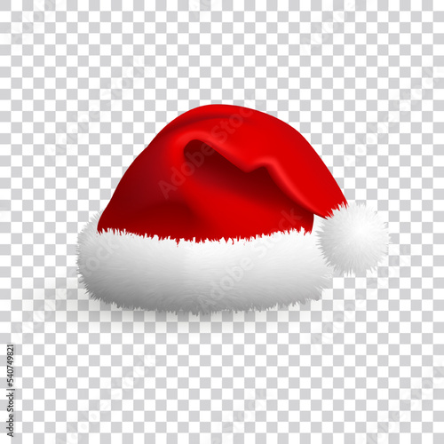 Santa Claus hat isolated on transparent background. Realistic Vector. 3d Illustration.
