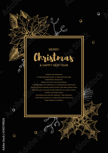 Merry Christmas and Happy New Year vertical frame with hand drawn golden poinsettia and holly berries. Vector illustration in sketch style