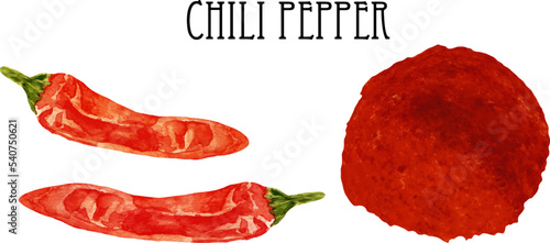 Watercolor fresh and dry red hot chili pepper in wooden bowl and spoon. Kitchen spices and herbs set.