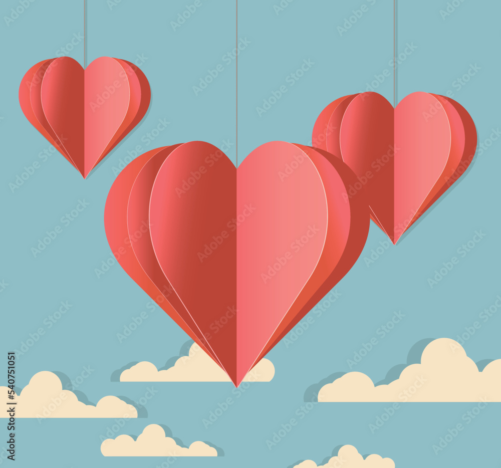illustration of three red hearts hanging on a blue sky and white clouds