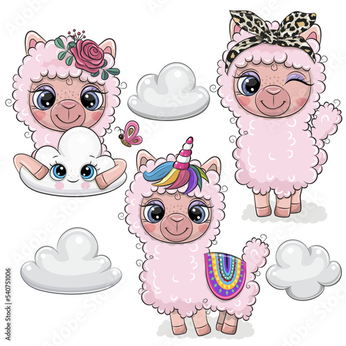 Set of Cute Cartoon Pink Lama