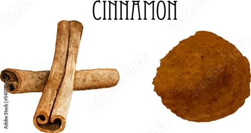 Watercolor fresh and dry cinnamon in wooden bowl and spoon. Kitchen spices and herbs set.
