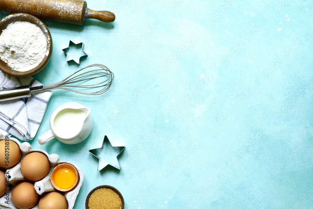 Culinary background with ingredients for baking. Top view with copy ...