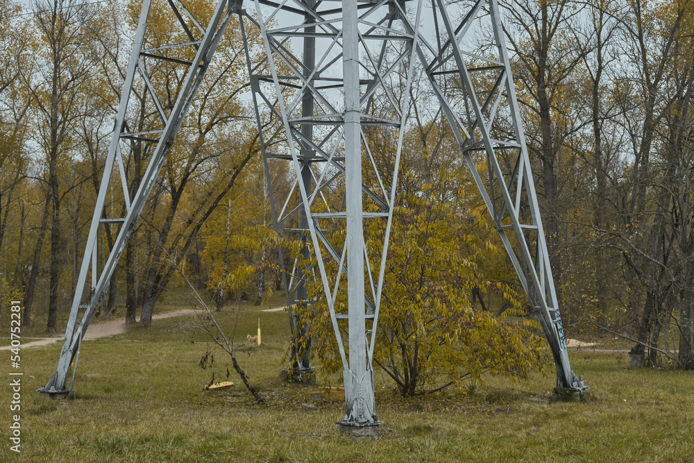 Power mast for high voltage electricity pylon with cables in nice landscape