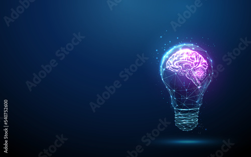 Abstract blue glowing light bulb with violet brains inside