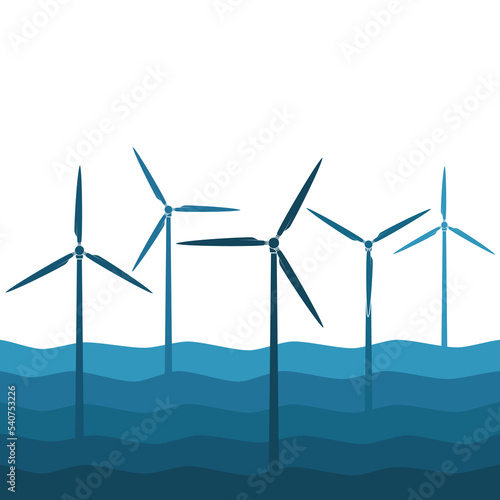 Illustration with waves and windmills, wind turbines. Vector colored background.