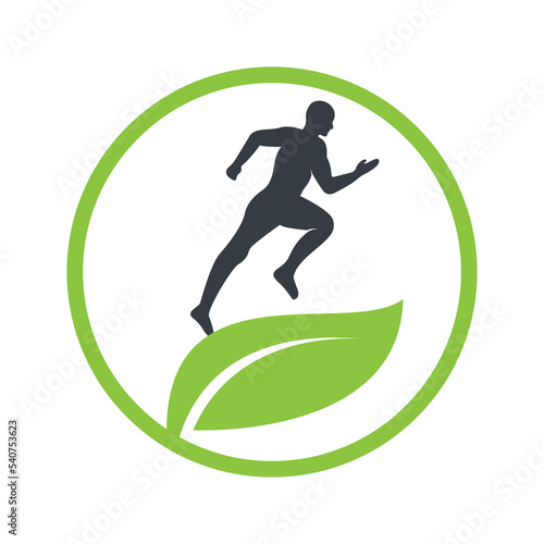 Green leaf runner logo concept design. Physiotherapy treatment concept vector design.