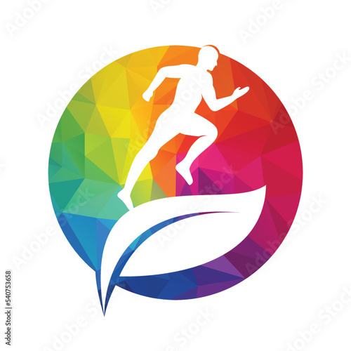 Green leaf runner logo concept design. Physiotherapy treatment concept vector design.