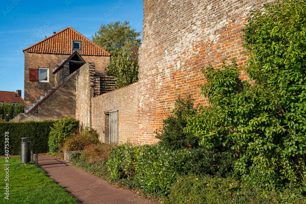 Park in the city of Harderwijk, Province Gelderland, with remnants of old city wall