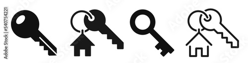 Key icons set. House key with a trinket. Silhouettes of door keys. House key collection. Old key symbol.