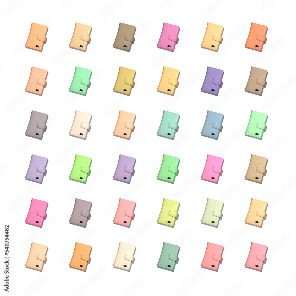Pattern of multicoloured women's fashion wallets on white background. Pattern of multicoloured women's fashion wallets on white background.