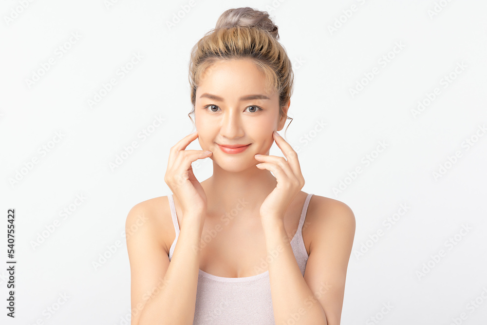 Happy beautiful young asian woman clean fresh bare skin concept. Asian girl beauty face skincare and health wellness, Facial treatment, Perfect skin, Natural make up. Isolated on white background. Happy beautiful young asian woman clean fresh bare skin concept. Asian girl beauty face skincare and health wellness, Facial treatment, Perfect skin, Natural make up. Isolated on white background.