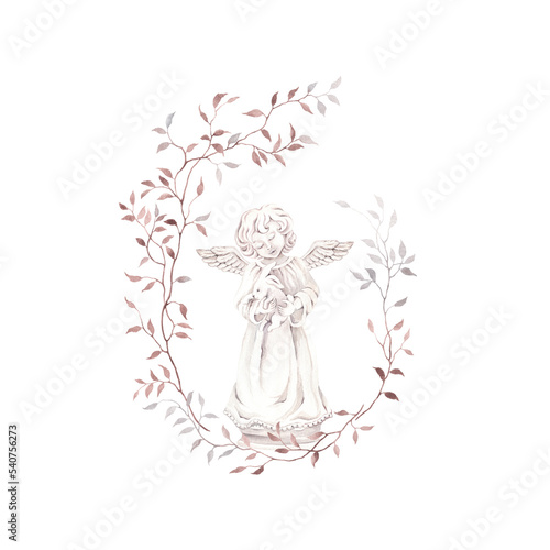 Floral frame with cute angel holding in hands rabbit, isolated watercolor illustration in style ceramic statuette, symbol Christmas year 2023 for invitation or greeting cards.