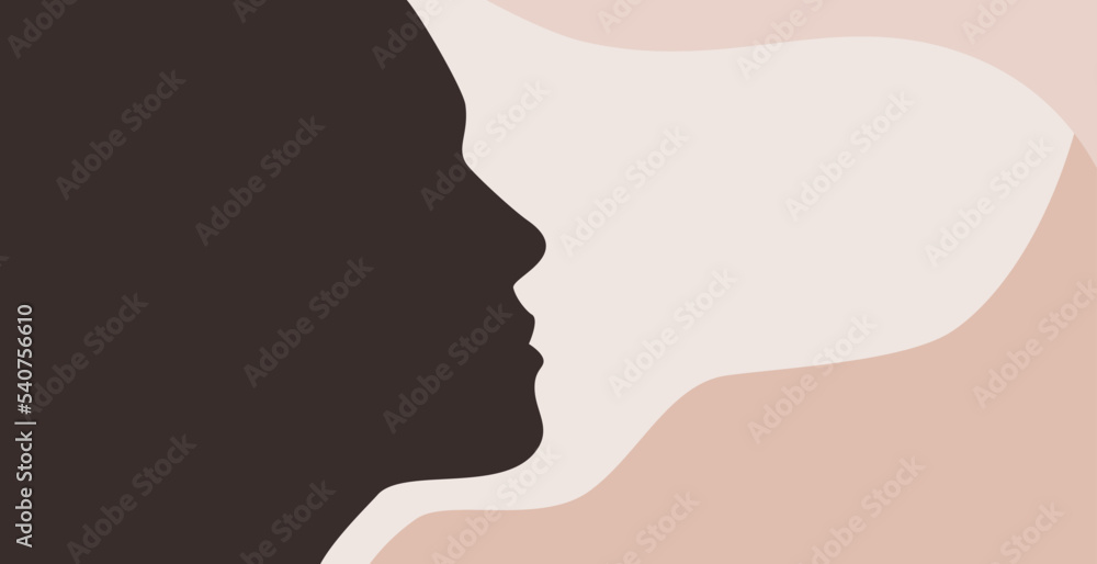 Woman face silhouette abstract banner template. Simple female profile, nude dusty colors, wavy poster flyer for international womens day, allyship, beauty sphere design. Vector illustration.