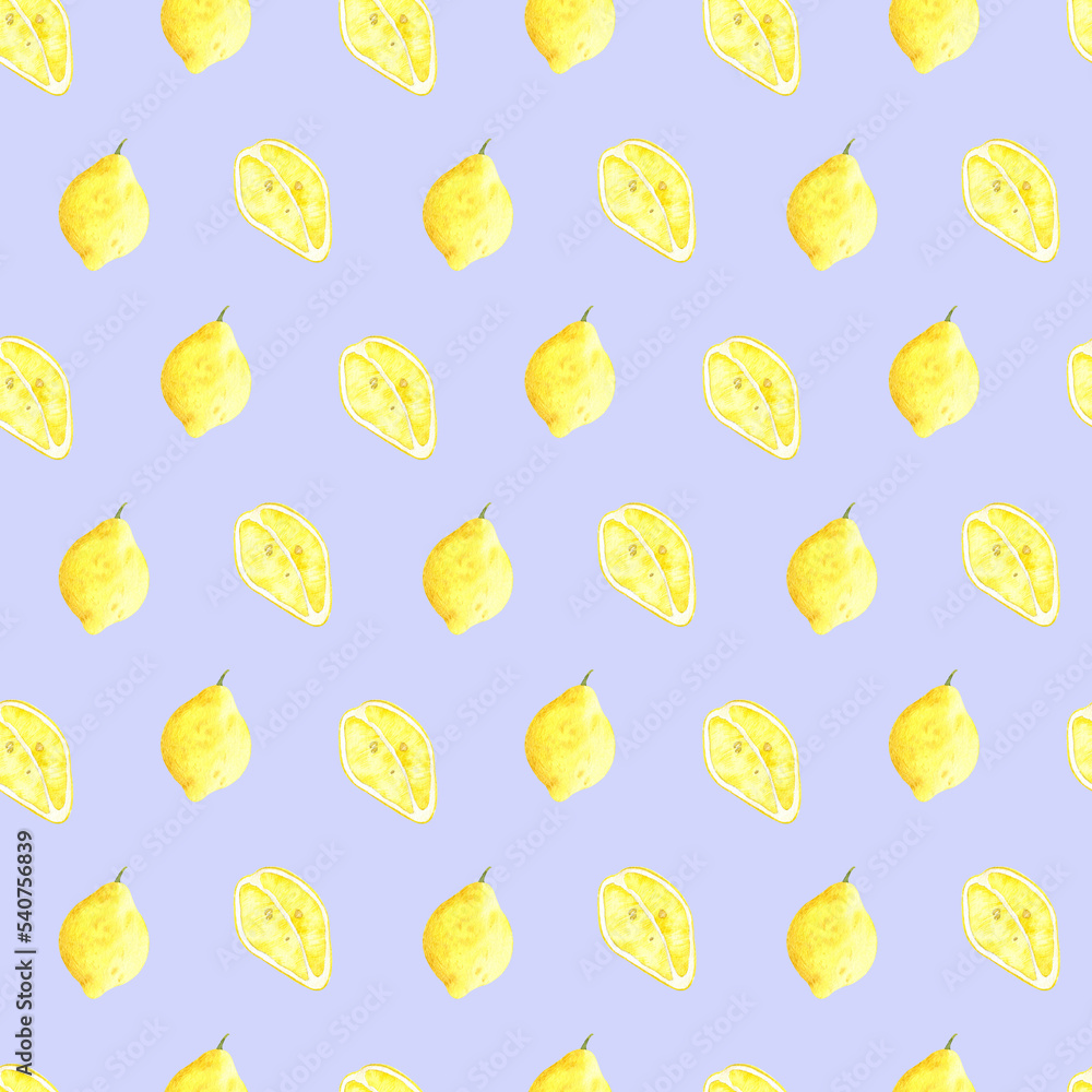Watercolor seamless pattern with yellow lemon half and whole fruit illustrations on blue background . Watercolor hand-drawn fruit lemon ornament. Organic healthy food texture, for your design Watercolor seamless pattern with yellow lemon half and whole fruit illustrations on blue background . Watercolor hand-drawn fruit lemon ornament. Organic healthy food texture, for your design