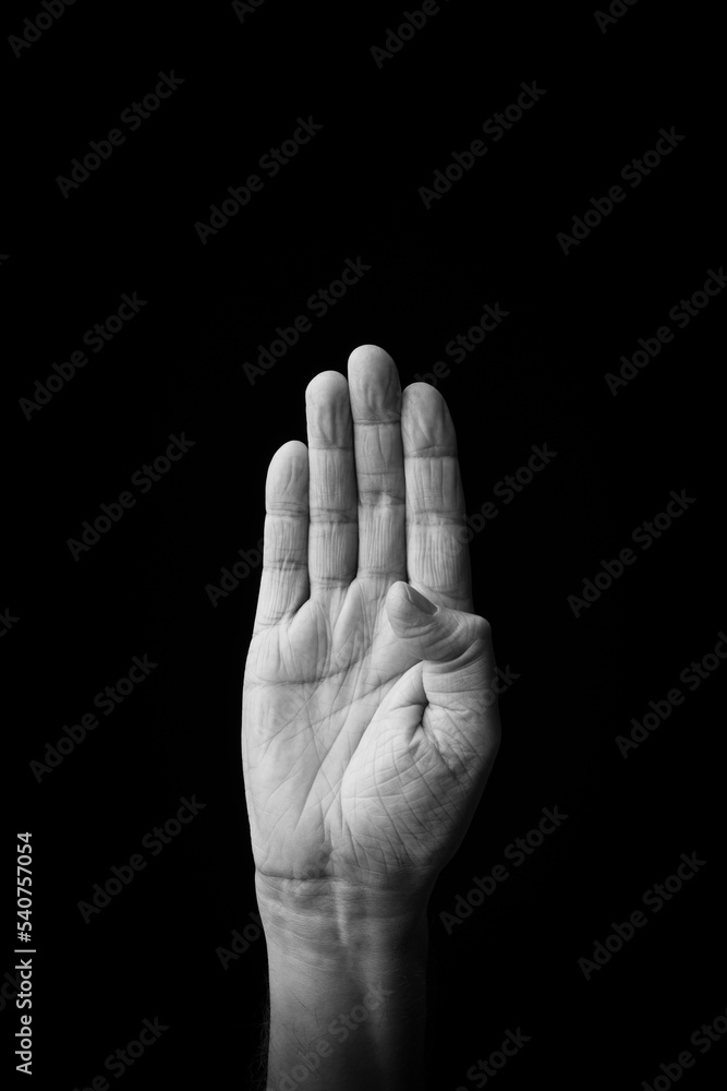 Fototapeta premium Hand demonstrating the Japanese sign language letter 'KE' or 'け' with copy space