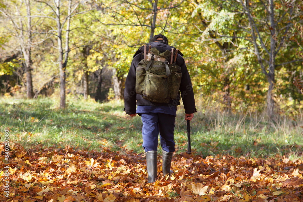 Fisherman with a fishing rod goes fishing in the autumn forest Fisherman with a fishing rod goes fishing in the autumn forest